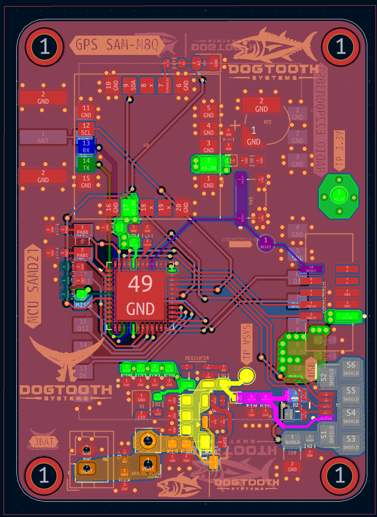 KiCad PCB layout — copper layer view showing all layers